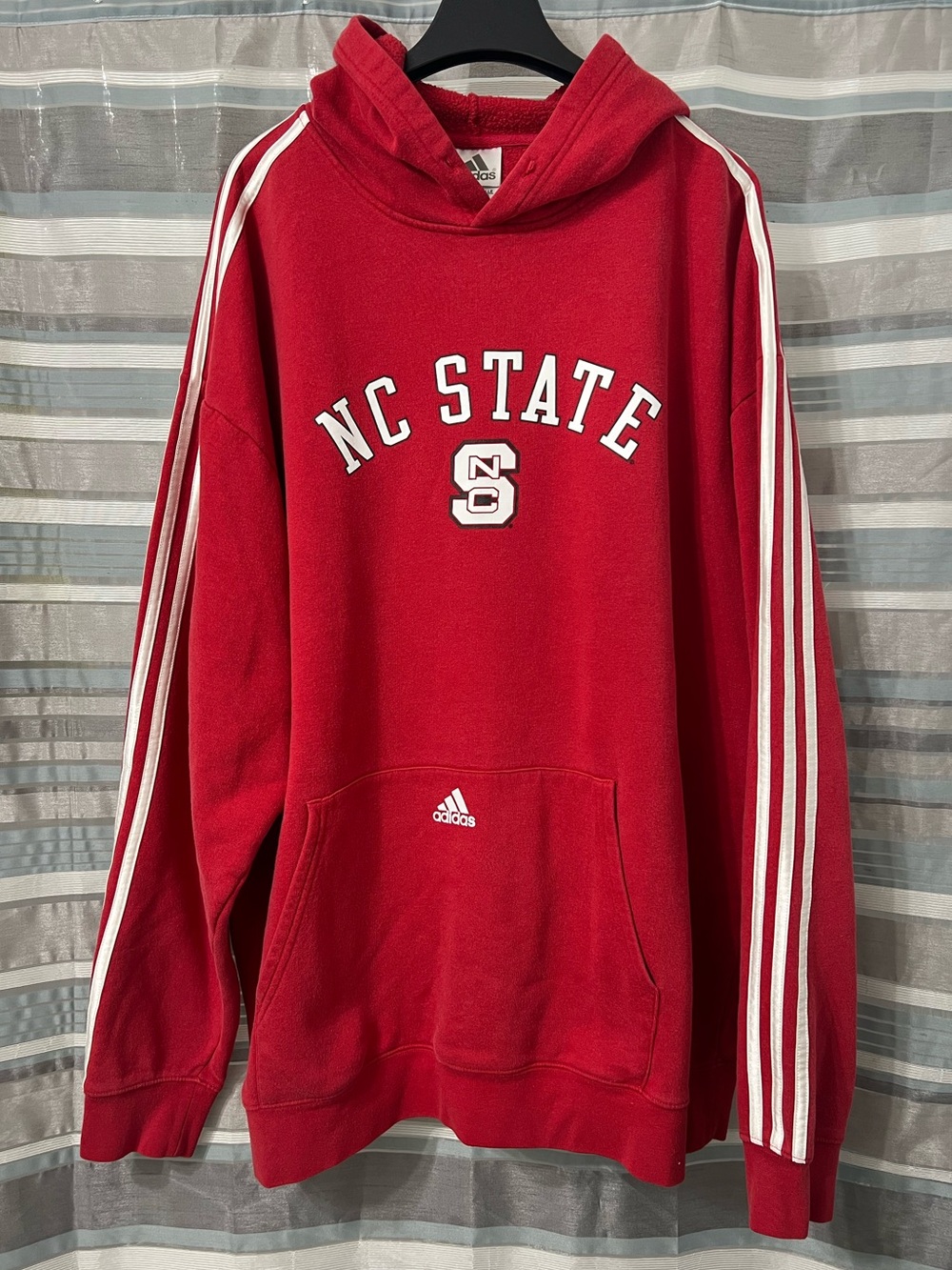adidas NC State Wolfpack Red Pullover Hoodie with Three-Stripe Sleeves